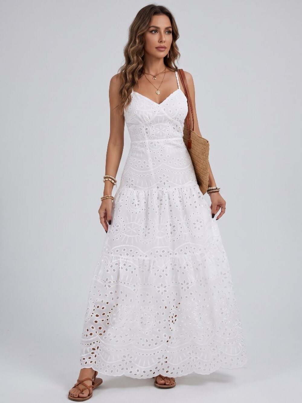 Women's White Eyelet Maxi Dress Spaghetti Strap Flowy Beach Vacation Sundress - Picture 1 of 5